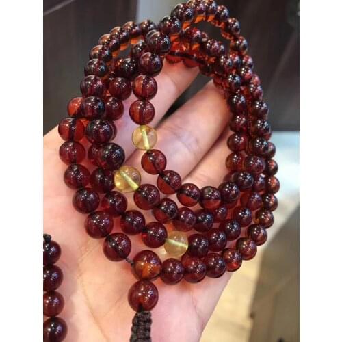 Natural Blood Red Amber Women 108 Prayer Round Beads Bracelet 6.6mm Stretch Crystal Stretch Bracelet Necklace AAAAA Genuine