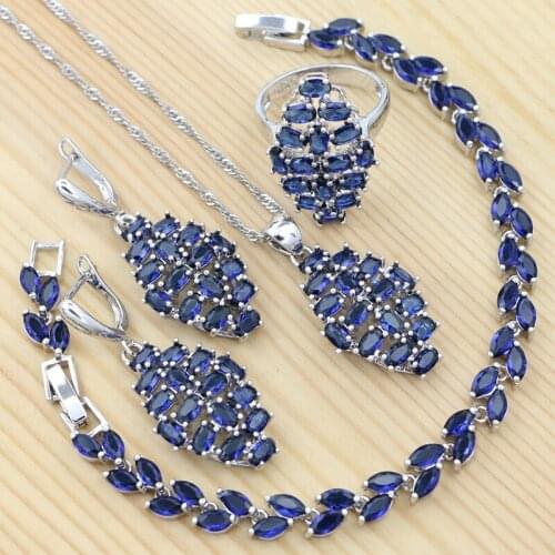 Sapphire Jewelry 925 Sterling Silver Jewelry Sets for Women Blue Cubic Zirconia Ring Bracelet Necklace Pendant Earrings