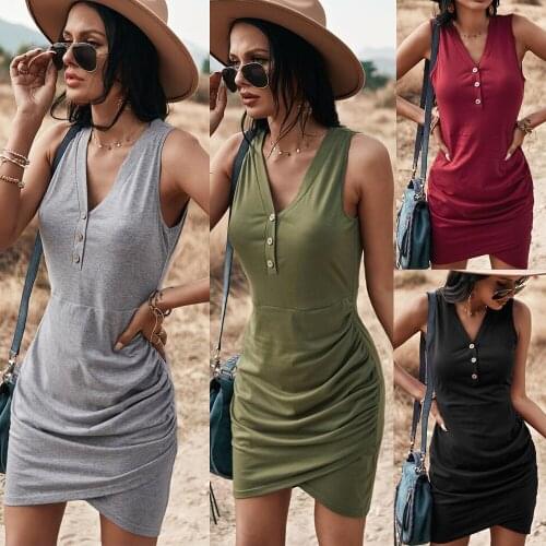 Womens Summer Boho Dress 2021 V-neck Sexy Woman Casual Mini Tank Dresses Slim Waist Fashion Elegant Robe Gothic Clothes