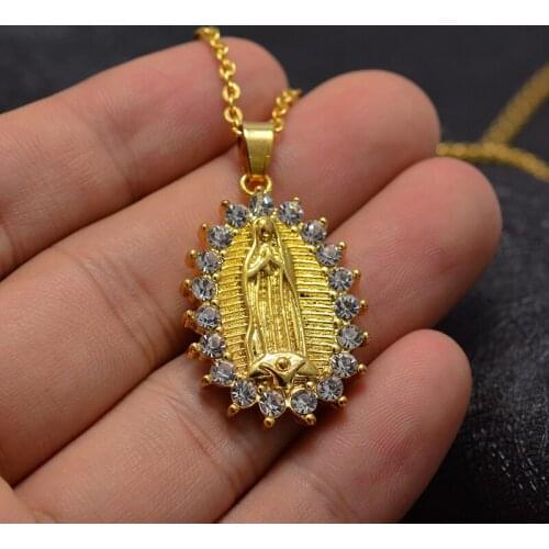Annayoyo Virgin Mary Pendant Necklace for Women Girls Gold Color Our Lady Jewelry Wholesale Colar Cross Trendy Chain