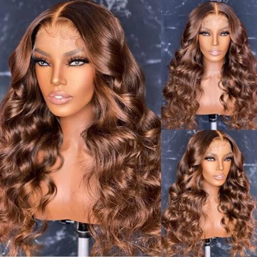 26 Inch Brown Body Wave Synthetic Lace Front Wig For Women With Baby Hair Pre Plucked Glueless Daily Cosplay 180% Density