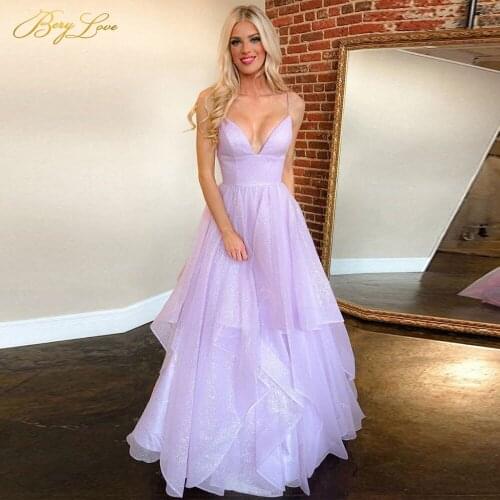 Berylove Lavender Prom Dresses Glitter Shiny Sweetheart Evening Dress Long Spaghetti Strap Bandage Party Gown Vestidos de cóctel