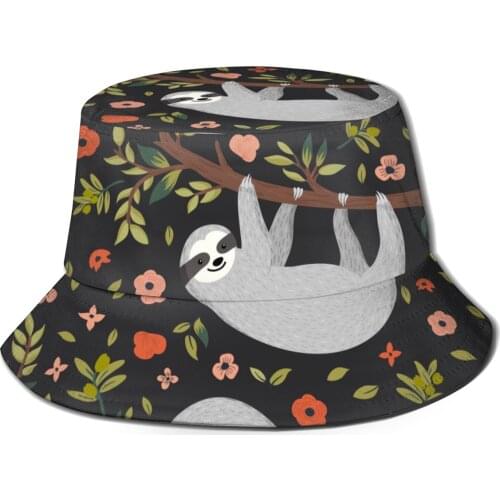 CINESSD New Fashion Bucket Hats Fisherman Caps For Women Men Gorras Summer Funny Sloth On Tree Cute Baby Sloth And Flowers