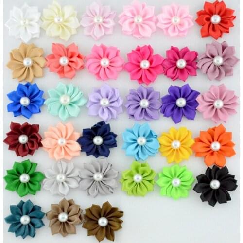 10Pcs 33 colors Handmade 5CM Fabric Satin Flower with Pearl Appliques Sewing Wedding Garment Headwear Accessories Flowers