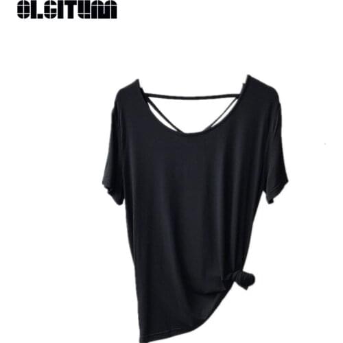 Summer Sexy Womens T-shirt Modal Short Sleeve Solid Color Girls Shirt Cross Strap Backless Top Female T-shirt TT395