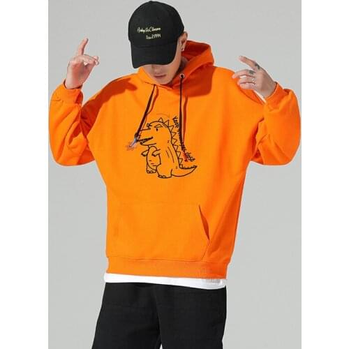 Autumn Cotton Hoodies Men Personality Creativity Printed Fire Dinosaur Sweatshirts Loose Fashion Streetwear