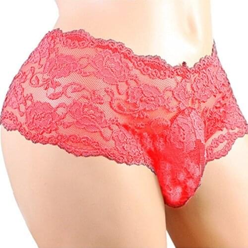 4 Colors Flower Lace Breathable Men G-String Panties Wide Low Waist Plus Size Daily Thongs Briefs Underwear