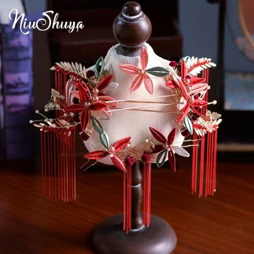 NiuShuya Handmade Velvet Red Hanfu Costume Hair Accessories Classical Chinese Bridal Retro Headdress wedding Hair Accessories