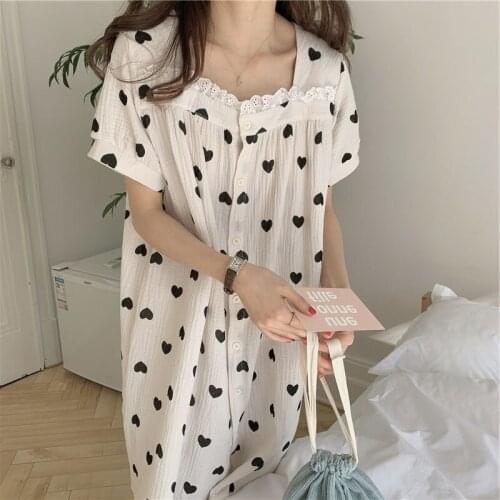 Sweet Fresh Nightwear Nightgowns Women New Loose Full Cotton Sleepwear Dress Print Korean Nightshirt Female Lounge Home Wear