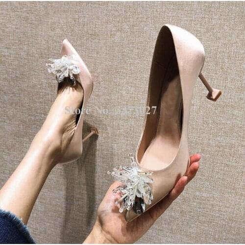 New Pointed Toe Satin Thin Heel Crystal Wedding Shoes Sexy Bridal Rhinestone Slip-on Stiletto Single Shoes Female Dress Pumps