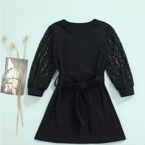 2021 2-7Y Fashion Toddler Baby Girl Fall Dress Lace Long Sleeve Round Neck Black Solid Color Belted Dress