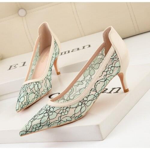Sexy party high heel shallow pointed side hollow water drill lace womens single shoes