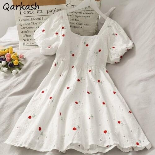 Dresses Women Summer Embroidery Lovely Girls Preppy Style Mini Floral Fashion Streetwear Puff Sleeve Casual Holiday Sweet Mujer