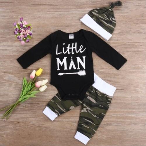 Fashion 3Pcs Baby Boy Camo Tops Romper Pants Hat Newborn Outfits Set Clothes Boys Clothes