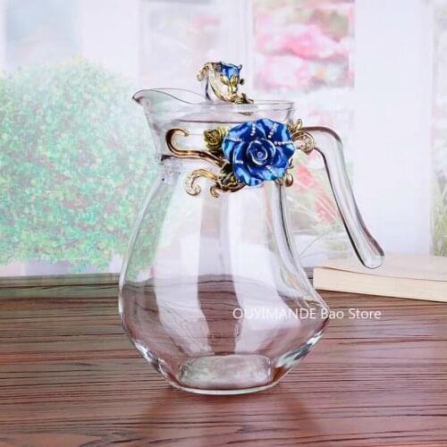 Red Rose Enamel Crystal Flower Glass Teapot for Hot and Cold Drinks 1300ml Home Drinkware Office Water Kettle Tea Set Coffee Pot