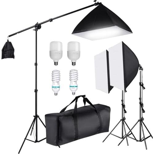 Photography Lighting 50x70CM Softbox Kit Boom Arm Light E27 Socket 135W 25W Lamp Light Stand Photo Equipment Studio Accessories