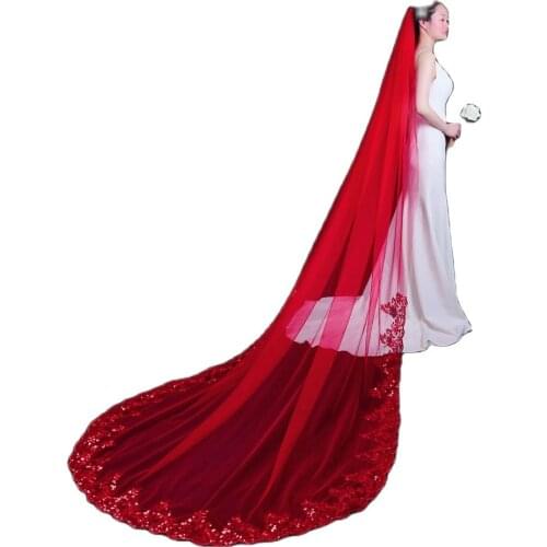 TOPQUEEN V86 Color Veil of the Bride Cathedral Veil Red Lace Embroidery Applique Veil Hair Accessories Chinese Red Hijab