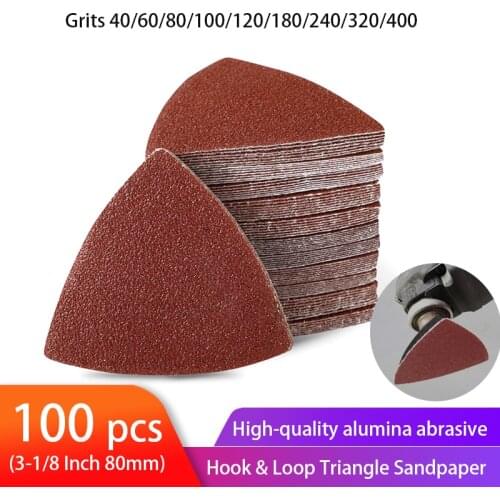 100pcs Triangular Sandpaper Hook & Loop Triangle Sanding Sheets Fit 3-1/8 Inch Oscillating Multi Tool Sanding Pad 40-400 Grit