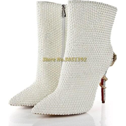 Handmade Pearls Decor Ankle Booties Sexy Pointed Toe Thin High Heel Metal Snake Crystal Dress Women Shoes Custom Made Shiny Shoe
