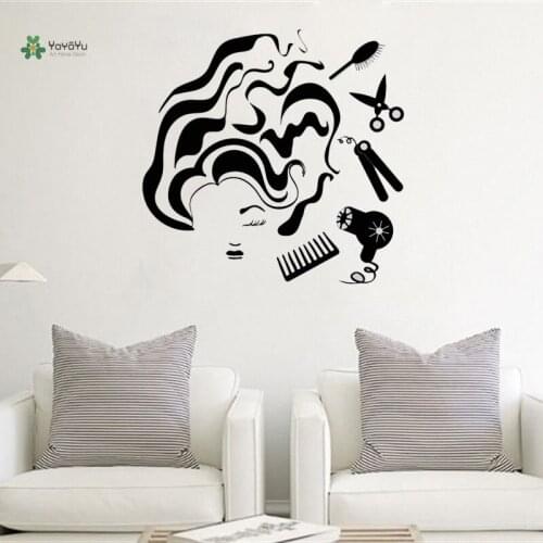 YOYOYU Wall Decal Tools Woman Hairdresser Stylist Girl Beauty Salon Vinyl Hair Salon Wall Sticker Haircut Interior Mural ZW216