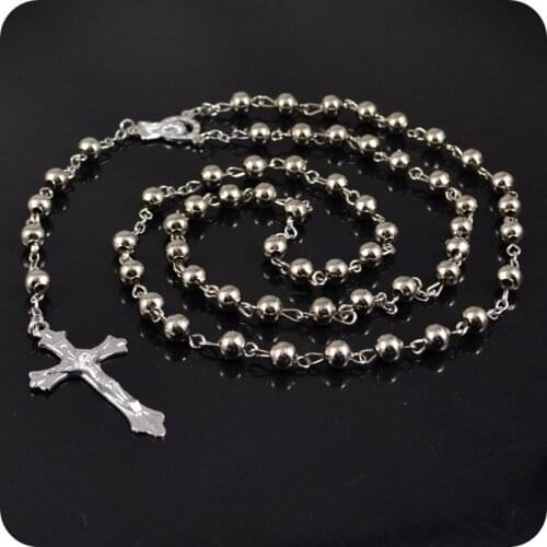 6mm Iron Rosary Beads INRI JESUS Icon Cross Crucifix Pendant Necklace Catholic Fashion Religious jewelry