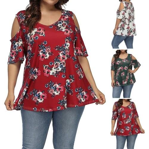 2021 Womens Casual Plus Size Short Sleeve Floral Sweet Print Off-shoulder Tunic Short Sleeve Round Neck Comfy Daily Loose Top
