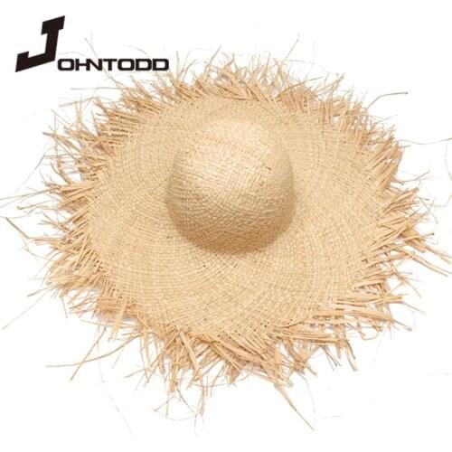 Handmade womens straw hat sun hat with big wide brim for girls high quality natural raffia Panama beach vacation sun hat cap