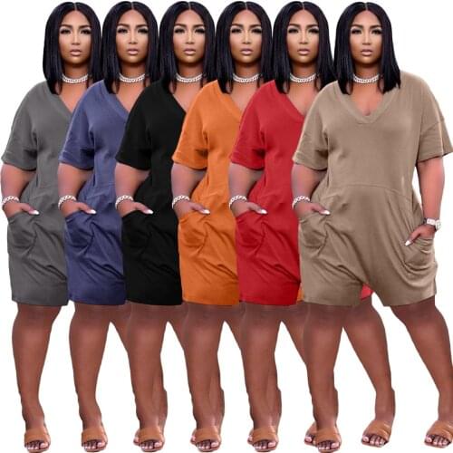 2021 New Women Loose Plus Size Casual V Neck Straight Playsuits With Pockets Body Mujer Femme Moda Feminina Sexy Romper