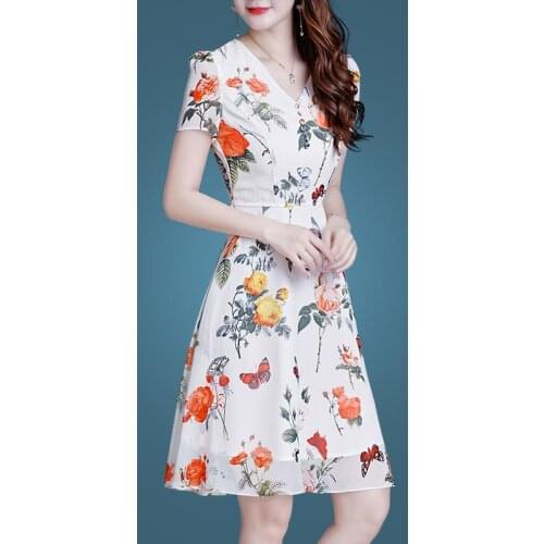 A-Line Chiffon Slim New Printed Fashion Girly Temperament Female Floral Print Party Dresses 9861