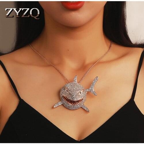 ZYZQ Gothic Exaggerated Large Shark Pendant Necklace Unisex Punk Rhinestone Clavicle Chain Halloween Gift 2021 New