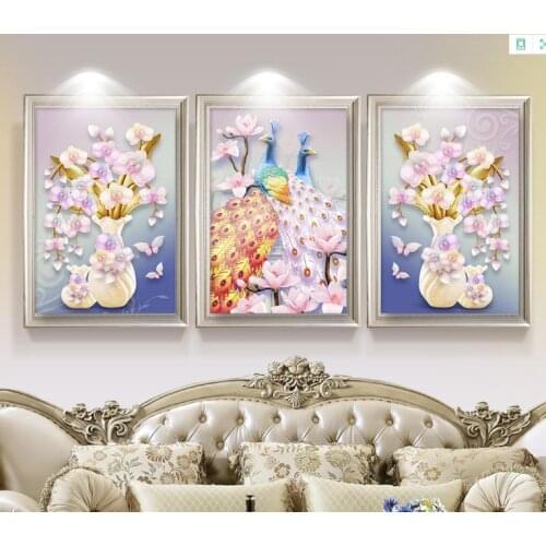 Unframed 3 Pieces/Set 3D Effect Orchid Vase Peacock Painting Posters For Living Room Pictures Canvas Wall Art
