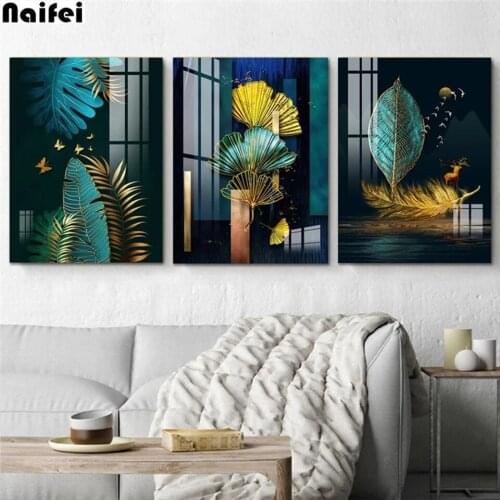 5d Diy Diamond Painting Modern Green And Gold Abstract Block Lines Leaves Full Square Round Diamond Embroidery Home Decor