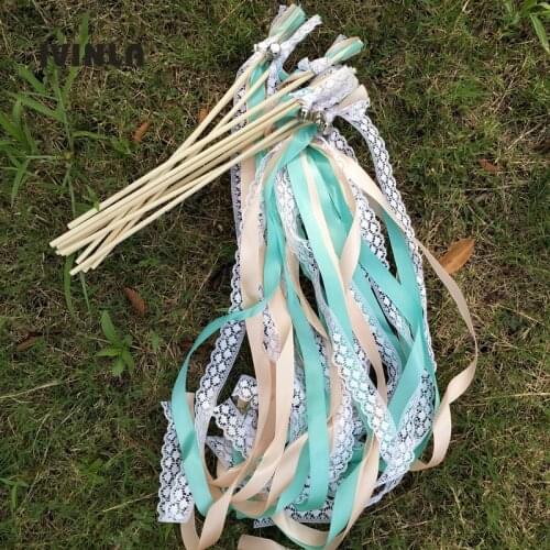 FREE SHIPPING-50pcs/lot green lace ribbon wands with bell for wedding