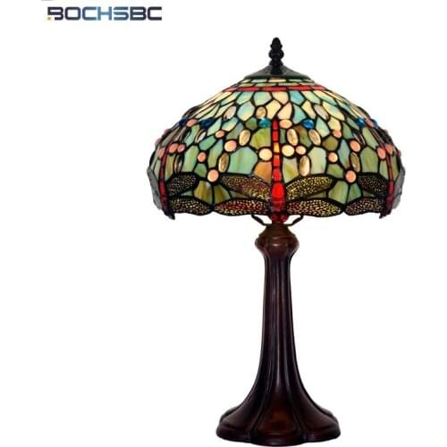 BOCHSBC Tiffany Style Luxurous Table Lamp Stained Glass Dragonfly Antique Desk Light Colorful Art Handcraft Decoration 12 Inch