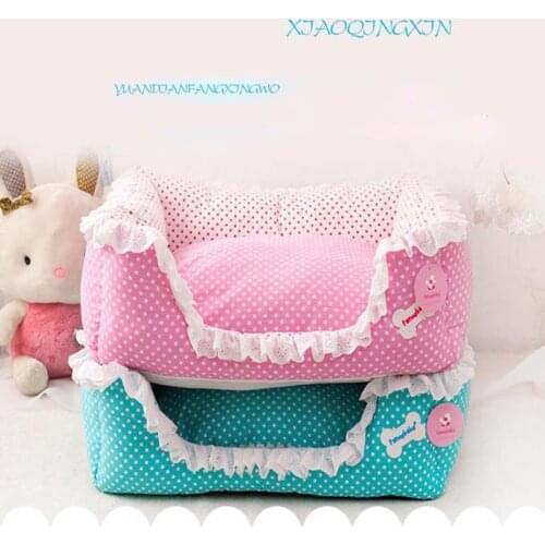 Elegant Pink/Blue Dot Pet Puppy Princess Dog Bed Kennel House Lace Washable Cozy Small Medium Dog Cat Teddy Sofa Nest S,M,L