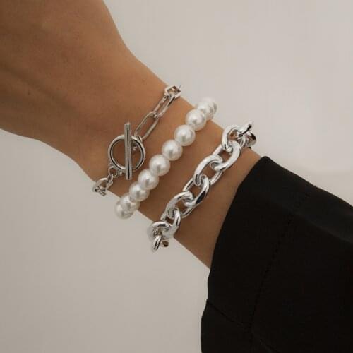 European and American Fashion Jewelry with Baroque Imitation Pearl Beaded Bracelet Retro Temperament Metal Chain Bracelet Set