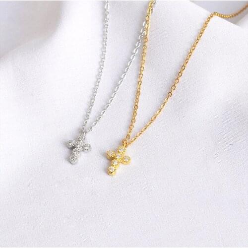 WTLTC Dainty Small Mini Cubic Zirconia Cross Necklaces Real 925 Sterling Sliver Tiny Pendant Necklaces Ins Stylish Link Chokers