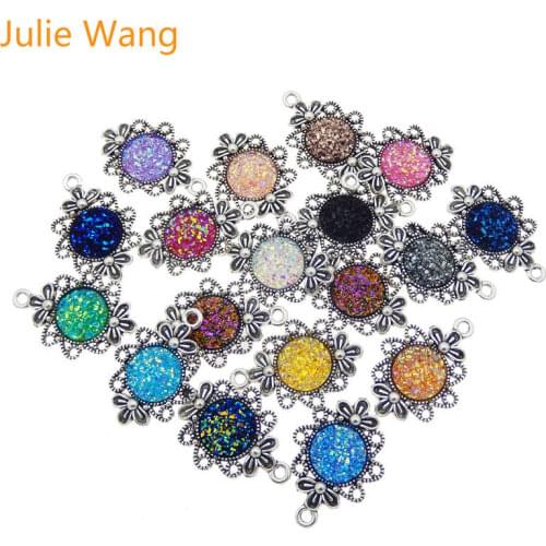 Julie Wang 10PCS 12mm Round Resin Druzy Cabochon Charms Alloy Flower Base For Necklace Pendant Jewelry Making Accessory