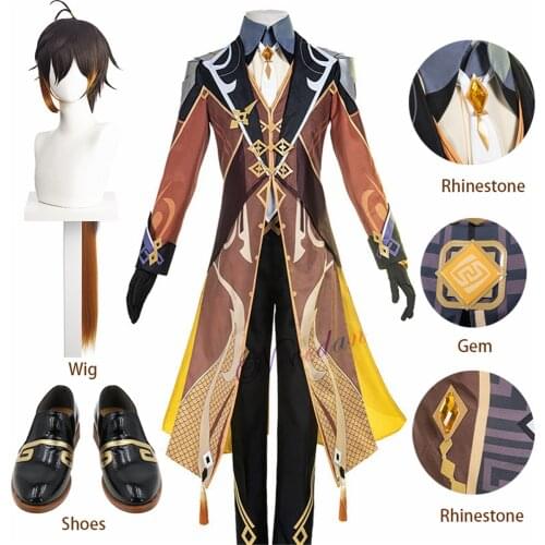 Genshin Impact Zhong Li Zhongli Cosplay Costume Set Coat Shoes Earring Wig Cosplay Anime Game Halloween Costumes For Men Women