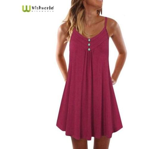 In the Summer of 2021 hot Fashion Loose Dress Buttons Pure Color Miniskirt Condole Belt Bohemian Dress V-Neck Character