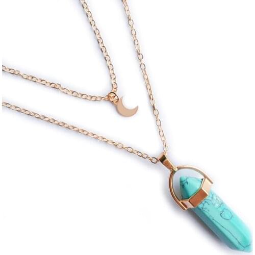 Boho Style Multi-layer Pendant Necklace Moon Natural Stone Hexagonal Prism Pendant Necklace Gifts for Women Friends