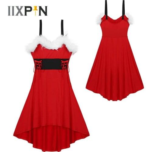 Christmas Dress Women Shoulder Straps Christmas Faux-fur Lace Up High Low Dress Festival Costume Party Dresses