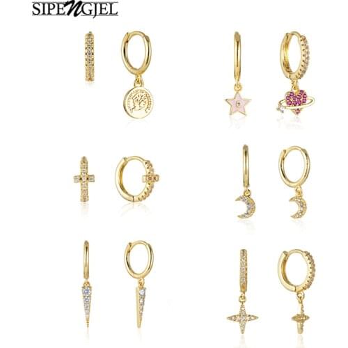 SIPENGJEL Fashion Zircon Pendant Hoop Earring Geometric Cross Heart Circle Hoop Earrings For WomenPrevent Allergy Jewelry 2021