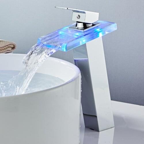 Modern High Waterfall Bathroom Faucet LED Basin Faucet Sink Tap Brass Waterfall Temperature Colors Change Bathroom Mixer Tap