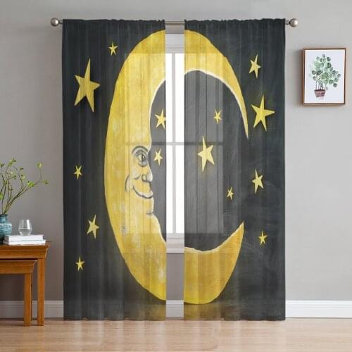 Sheer Curtains For Living Room Moon Yellow Stars Childrens Bedroom Balcony Large Curtains Kitchen Dining Room Curtains
