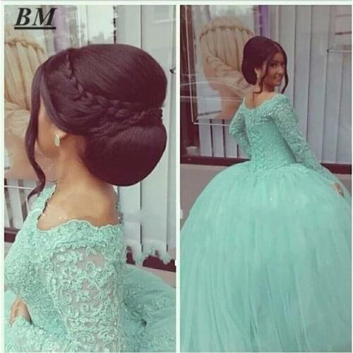 BM Vintage Mint Green Quinceanera Dresses For 15 Years Scoop Neck Appliques Lace Ball Gown Cheap Quinceanera Prom Gowns BM393