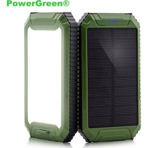 PowerGreen Solar Power Bank Solar USB Battery Charger 10000mAh Dual Outputs Solar Cell Energy Backup with Flashlight for Xiaomi