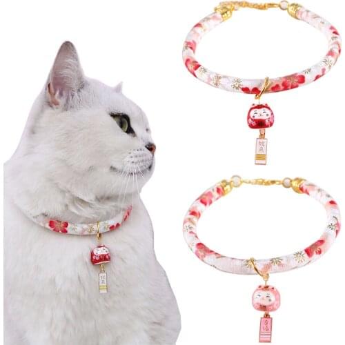 Japanese Cat Collar with Fortune Cat Pendant Lucky Bless Adjustable Floral Patterns Kitten Collars for Pets Puppy Dogs Pink