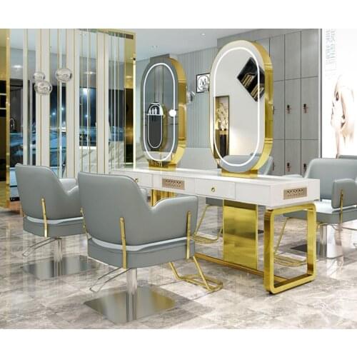 Hairdressers mirror stand hair salon special solid wood haircut mirror simple barbers table with light