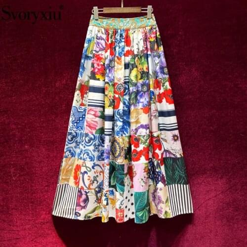 Svoryxiu Runway Designer Summer Maxi Skirt Womens Elegant Flower Print Bohemian Holiday Long Skirt
